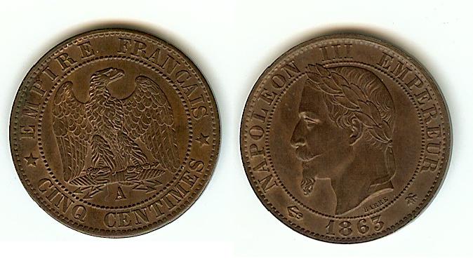 Cinq centimes Napoléon III, tête laurée 1863 Paris SPL
